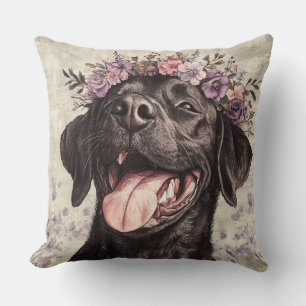 Schattigee zwarte Labrador Retriever Paarse Bloeme Kussen