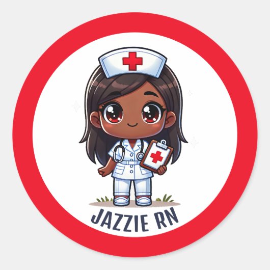 Schattigee Zwarte Manga Verpleegkundige Cartoon Ge Ronde Sticker (Voorkant)