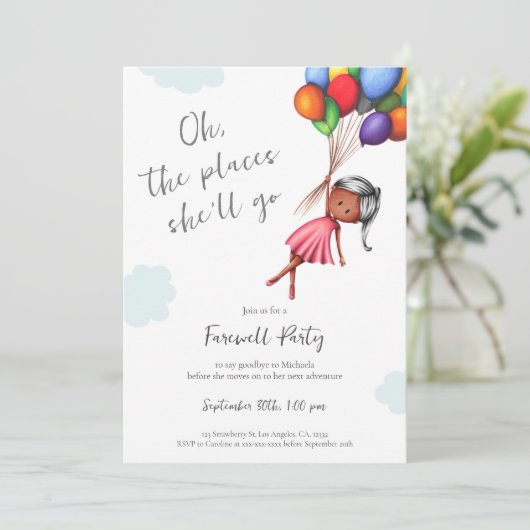 Schattigee zwarte meisje ballonnen afscheid kaart (Staand voorkant)