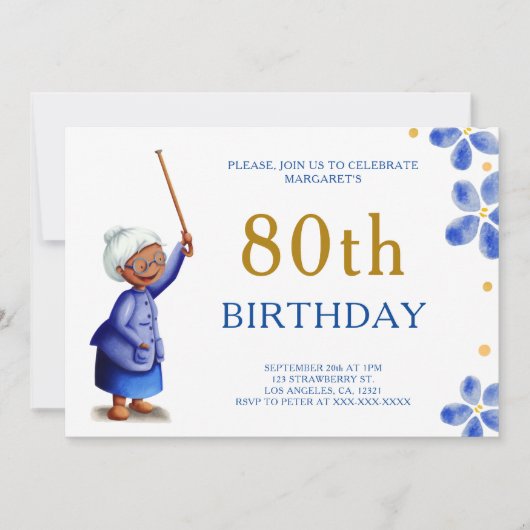 Schattigee Zwarte Oma Waterverf Bloemen 80ste Verj Kaart (Voorkant)