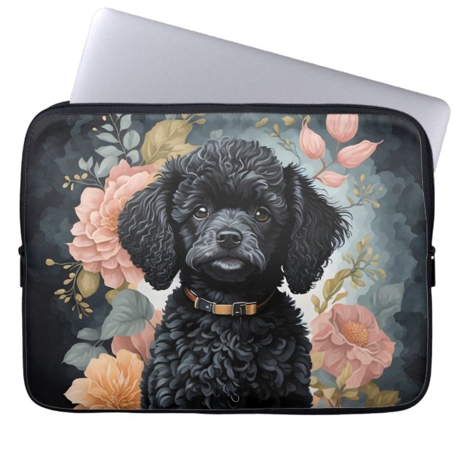 Schattigee zwarte poedel puppy laptop sleeve (Voorkant)