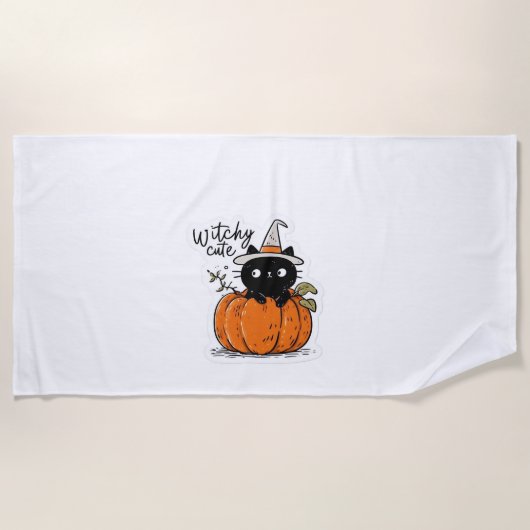 Schattigee zwarte poes in pompoen met heks pet Cla Strandlaken (Voorkant)