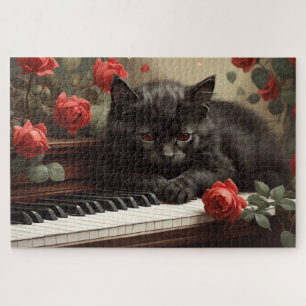 Schattigee zwarte poes liggend op piano legpuzzel