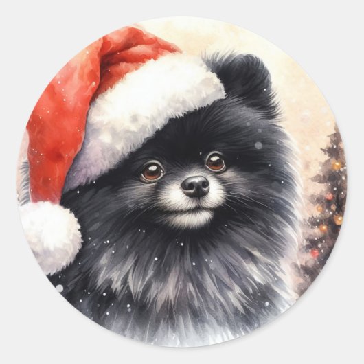 Schattigee Zwarte Pommerse Waterverf Kerstmis Ronde Sticker (Voorkant)