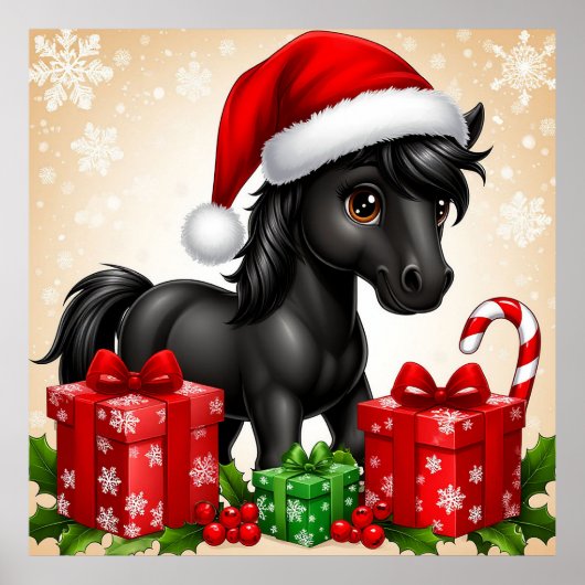 Schattigee zwarte Pony met Santa Hat Poster (Voorkant)
