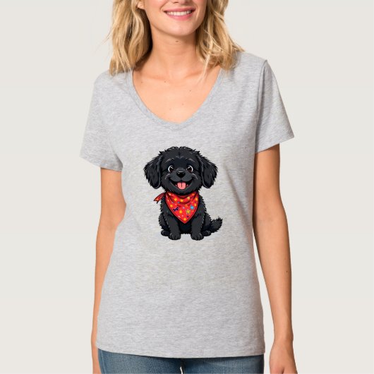 Schattigee zwarte puppy met een rode bandana t-shirt (Voorkant)