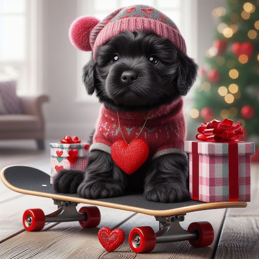 Schattigee zwarte puppy op skateboard grappige Val Feestdagenkaart