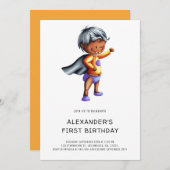 Schattigee zwarte superheld 1e verjaardagsfeest kaart (Voorkant / Achterkant)