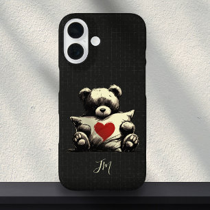 Schattigee Zwarte Teddybeer Knuffel Kussen Hart Mo iPhone 16 Hoesje