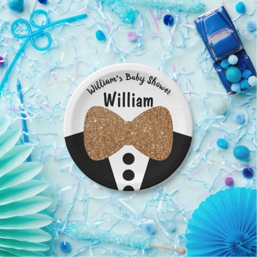 Schattigee Zwarte Tuxedo Gouden Glitter Bow Stropd Papieren Bordje (Feest)