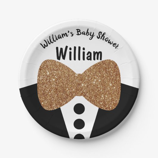 Schattigee Zwarte Tuxedo Gouden Glitter Bow Stropd Papieren Bordje (Voorkant)