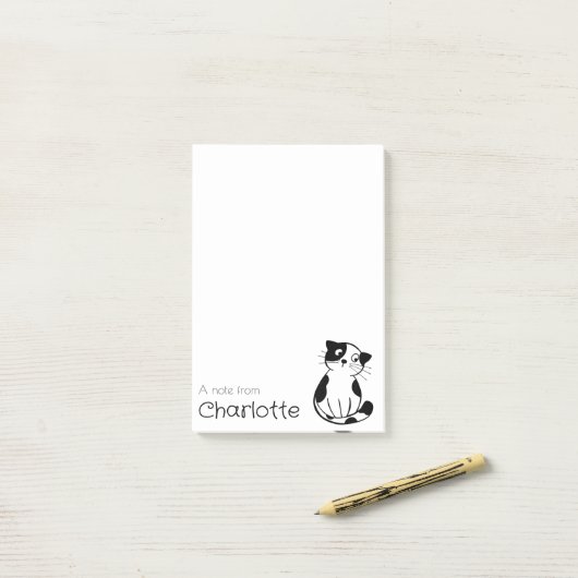 Schattigee zwarte witte cartoon kattennaam post-it® notes (Op bureau)