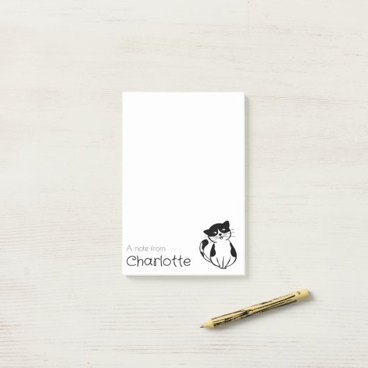 Schattigee zwarte witte cartoon kattennaam post-it® notes (Op bureau)