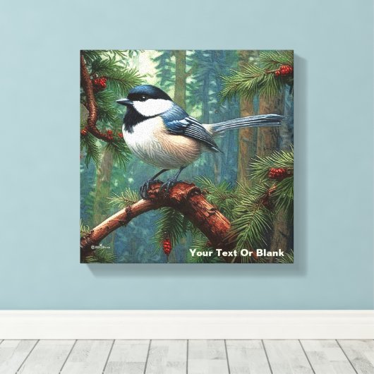 Schattigee zwartgekapte chickadee canvas afdruk (Insitu (Houten vloer))