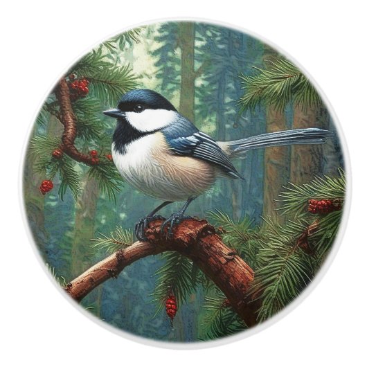 Schattigee zwartgekapte chickadee keramische knop (Voorkant)