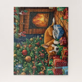 Schattigee zwerfhond die onder een kerstboom slaap legpuzzel (Verticaal)