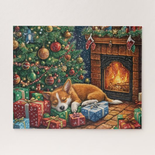 Schattigee zwerfhond die onder een kerstboom slaap legpuzzel (Horizontaal)