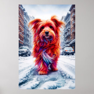 Schattigee zwerfhond verdwaald in besneeuwde witte poster