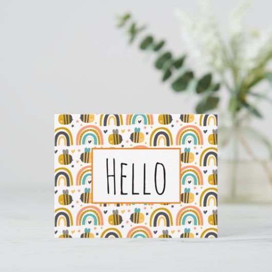 Schattigeste Hallo Bumble Bee en Rainbows Pattern Briefkaart (Staand voorkant)