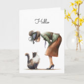Schattigeste Hallo kat en Lady Whimsical Kaart (Gele Bloem)