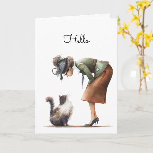 Schattigeste Hallo kat en Lady Whimsical Kaart (Gele Bloem)