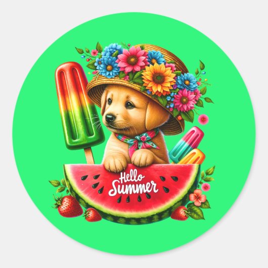 Schattigeste hallo zomer puppy ronde sticker (Voorkant)