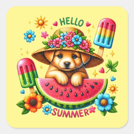 Schattigeste hallo zomer puppy vierkante sticker (Voorkant)