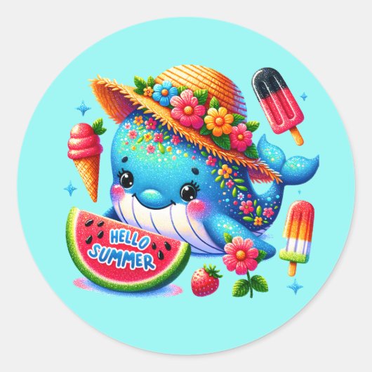 Schattigeste hallo zomerwalvis ronde sticker (Voorkant)