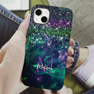 Schattigeste paars donkergroene faux glitter monog iPhone 15 case