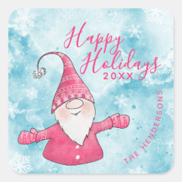 Schattigeste Prettige feestdagen Gnome blauw roze Vierkante Sticker