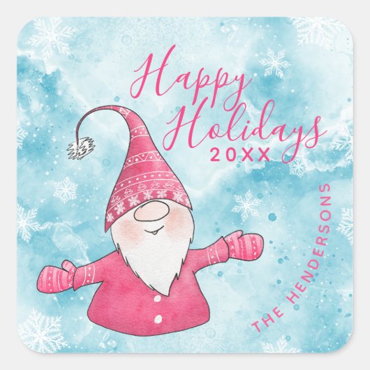 Schattigeste Prettige feestdagen Gnome blauw roze Vierkante Sticker (Voorkant)