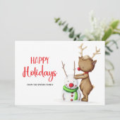 Schattigeste Prettige feestdagen rendier sneeuwman Feestdagenkaart (Staand voorkant)