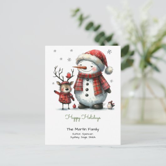 Schattigeste Prettige feestdagen sneeuwman en rend Briefkaart (Staand voorkant)