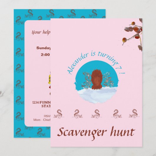 Schatzoekerspret eekhoorn graaft op pastelroze kaart (Voorkant / Achterkant)