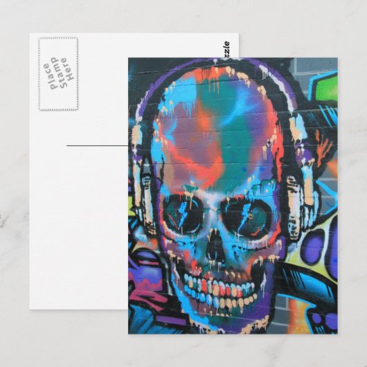 Schedel, blauwe muziek Graffiti straatkunst, urban Briefkaart (Voorkant / Achterkant)