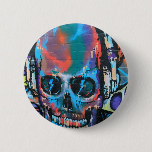 Schedel, blauwe muziek Graffiti street art, urbane Ronde Button 5,7 Cm