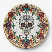 💀🎉: Schedel & Bloei Halo Doom Día de los Muertos Papieren Bordje (Voorkant)