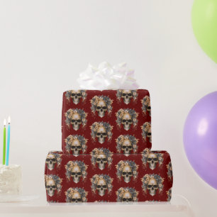 Schedel Bloemen Bordeaux Patroon Halloween Cadeaupapier