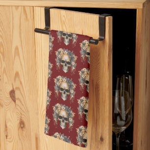 Schedel Bloemen Bordeaux Patroon Halloween Theedoek