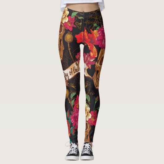 Schedel Bloemen Dag Dode Achtergrond Leggings (Voorkant)