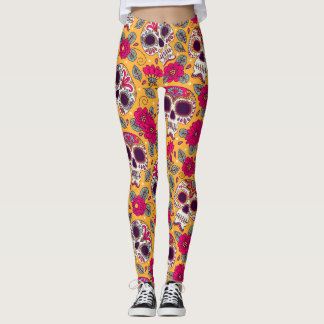 Schedel bloemen: Mexicaanse dag achtergrond Leggings