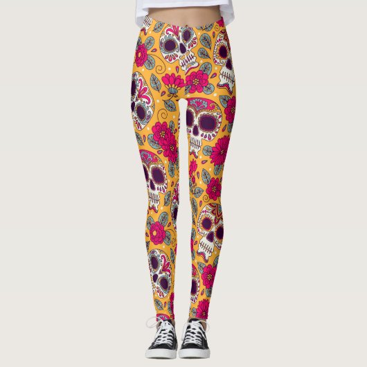 Schedel bloemen: Mexicaanse dag achtergrond Leggings (Voorkant)