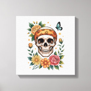 Schedel Bloemrijke Halloween Griezelig Canvas Afdruk