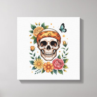 Schedel Bloemrijke Halloween Griezelig Canvas Afdruk
