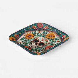 💀🌹Schedel & Bloom Square Dia de los MuertosFiest Papieren Bordje