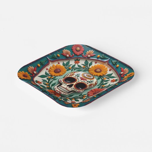 💀🌹Schedel & Bloom Square Dia de los MuertosFiest Papieren Bordje (Gebogen)