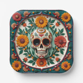 💀🌹Schedel & Bloom Square Dia de los MuertosFiest Papieren Bordje (Voorkant)