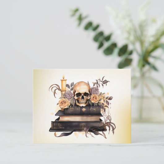 Schedel Boeken Grijs en Goud Rozen Groen Halloween Feestdagenkaart (Staand voorkant)
