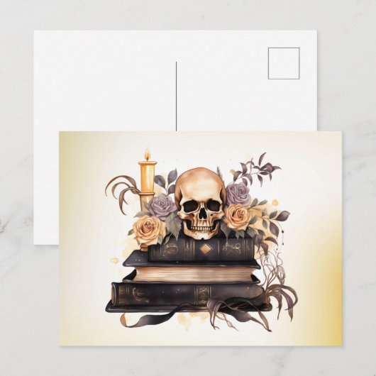 Schedel Boeken Grijs en Goud Rozen Groen Halloween Feestdagenkaart (Voorkant / Achterkant)