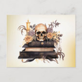 Schedel Boeken Grijs en Goud Rozen Groen Halloween Feestdagenkaart (Voorkant)